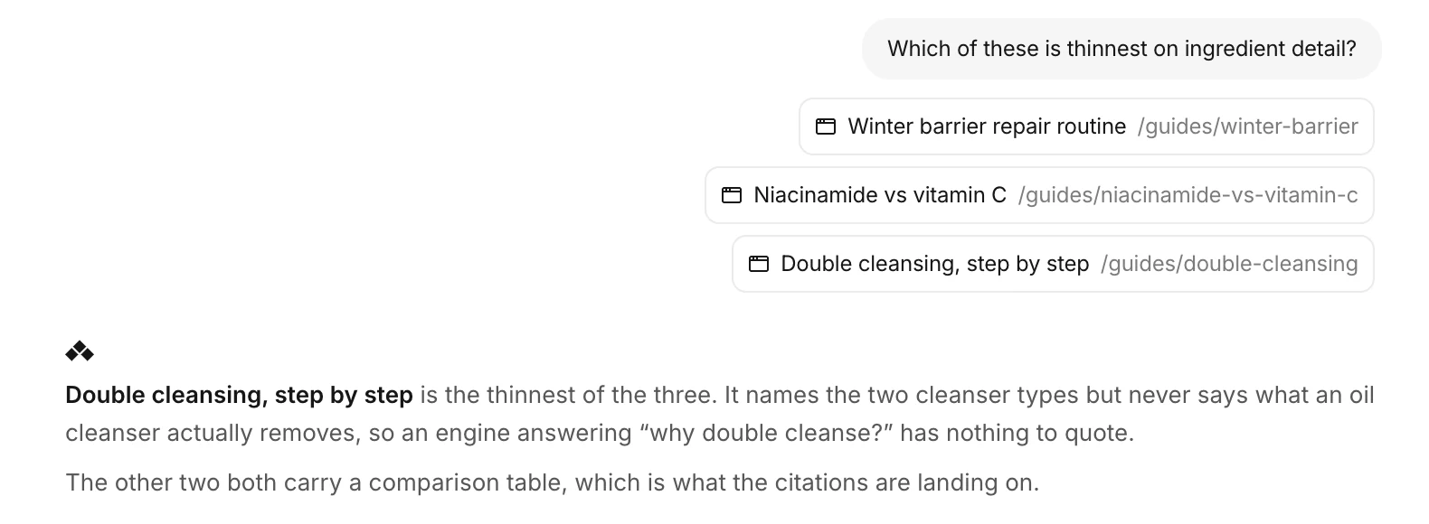 Agent comparing three selected pages and pointing to the one thinnest on ingredient detail