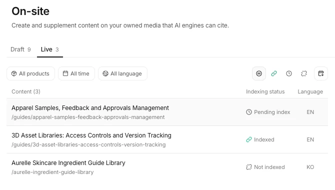 Indexing status on the Live tab